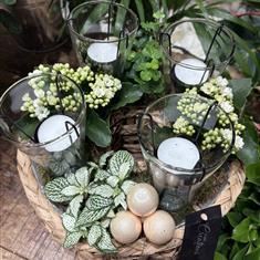 White winter planted table arrangement 